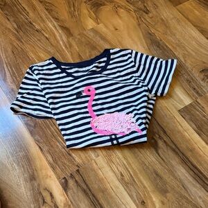 J. Crew Black and White Striped Tee with Pink Flamingo